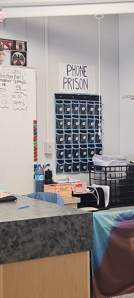 Shellaelae's tweet photo. @Scar_Face_Hendo I'm excited to have provincial legislation to reference now to help enforce phone usage in my classroom. I already have a phone prison I've been using this year. https://t.co/VShSJCM3Ar