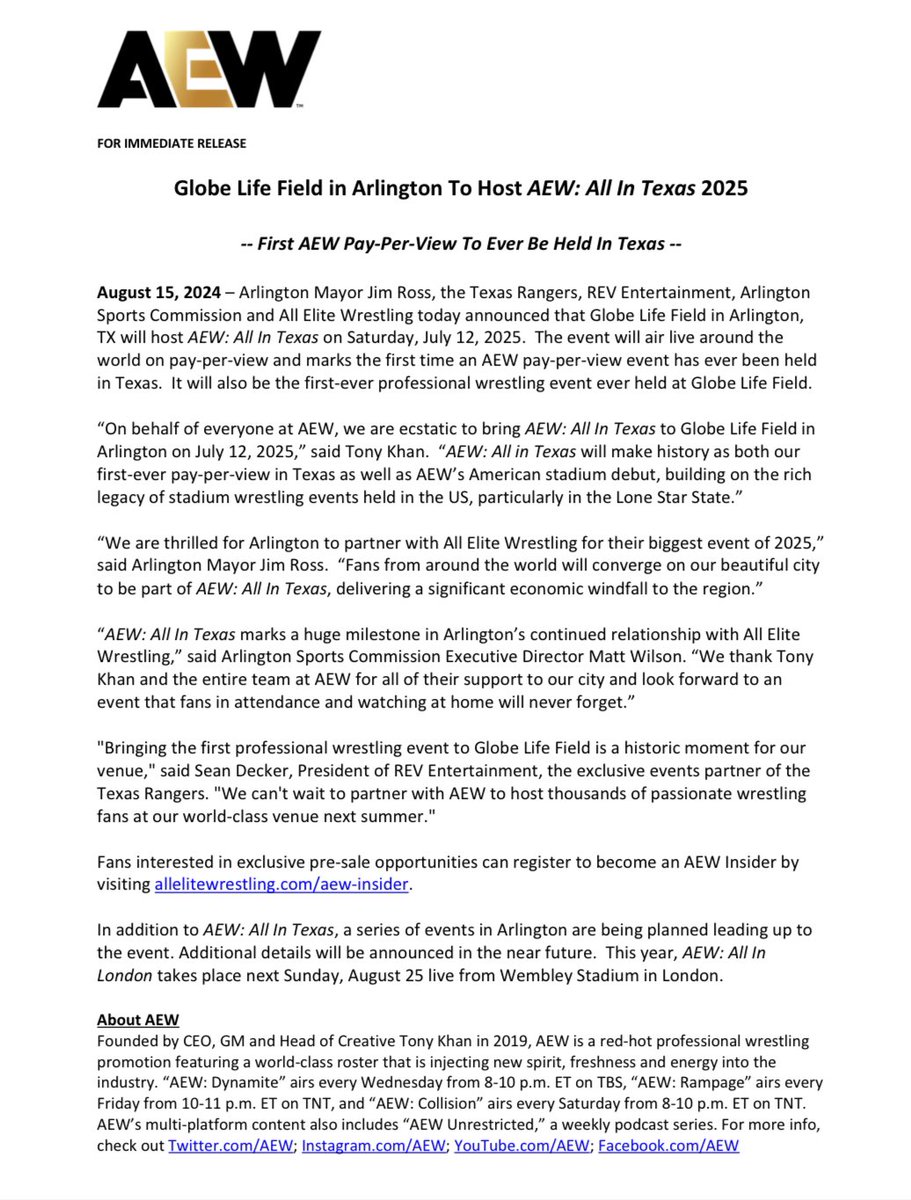 Samantha_1713's tweet photo. #FromTheInbox: Globe Life Field in Arlington, Texas will host #AEWAllIn on July 12, 2025. This will be AEW’s first PPV in Texas, as well as its American stadium debut. 

Sign up for pre-sale info here: https://t.co/y0XczSe6pr https://t.co/QWQAgS988h