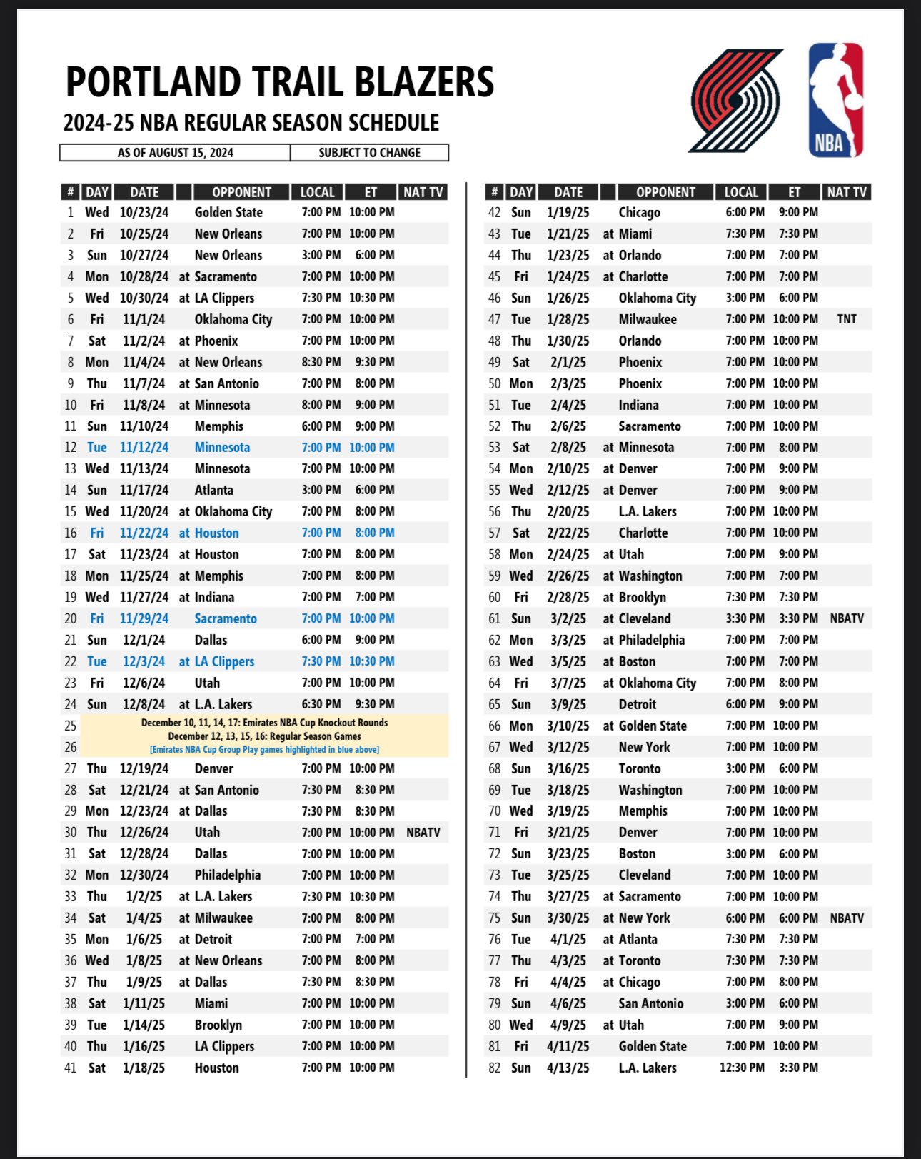 Blazers Printable Schedule