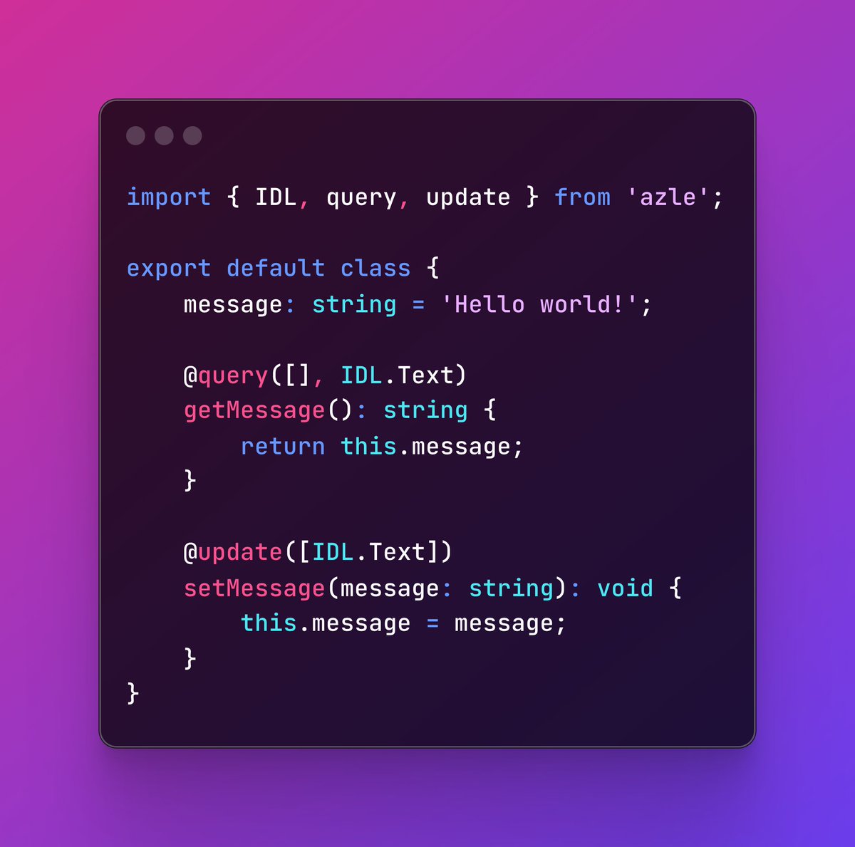 DFINITYDev's tweet photo. As @demergentlabs prepares the 1.0 release of #Azle, the #ICP Dev Docs have been updated to reflect the latest Azle syntax. 

Simply select #TypeScript throughout the docs to view the Azle #code examples. 

Here's an example: https://t.co/Vi2WP5uLJt https://t.co/BDgErOKSU0