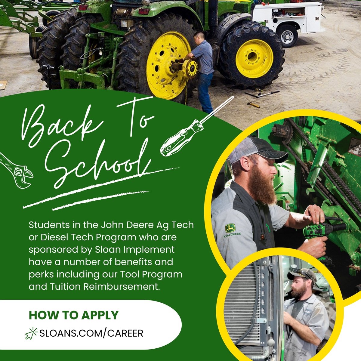 sloanimplement's tweet photo. It's that time of year again - back to school! βοΈπ§° Let us sponsor you on your journey, whether it's the John Deere Ag Technician Program or Diesel Tech Program! Learn more at https://t.co/OtRsZWVR2C!
#dieseltechprogram #johndeere #agtechnicianprogram #sloans #sloanimplement https://t.co/2qMD6hBYVA