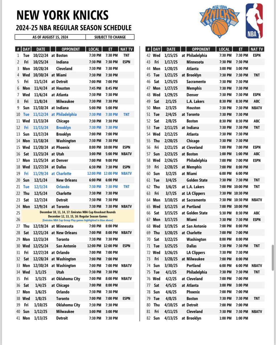 IanBegley's tweet photo. Knicks 2024-2025 schedule: https://t.co/fbRKKM3y4B