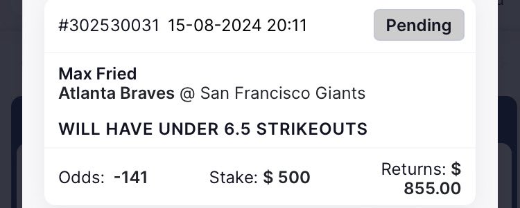 FreePicksGuru's tweet photo. Just locked in $500 on Max Fried Under 6.5 Strikeouts at -141 odds! 💵

Feeling good about this one—who’s in with me? 💰🔥 https://t.co/4ejWGxD2lc