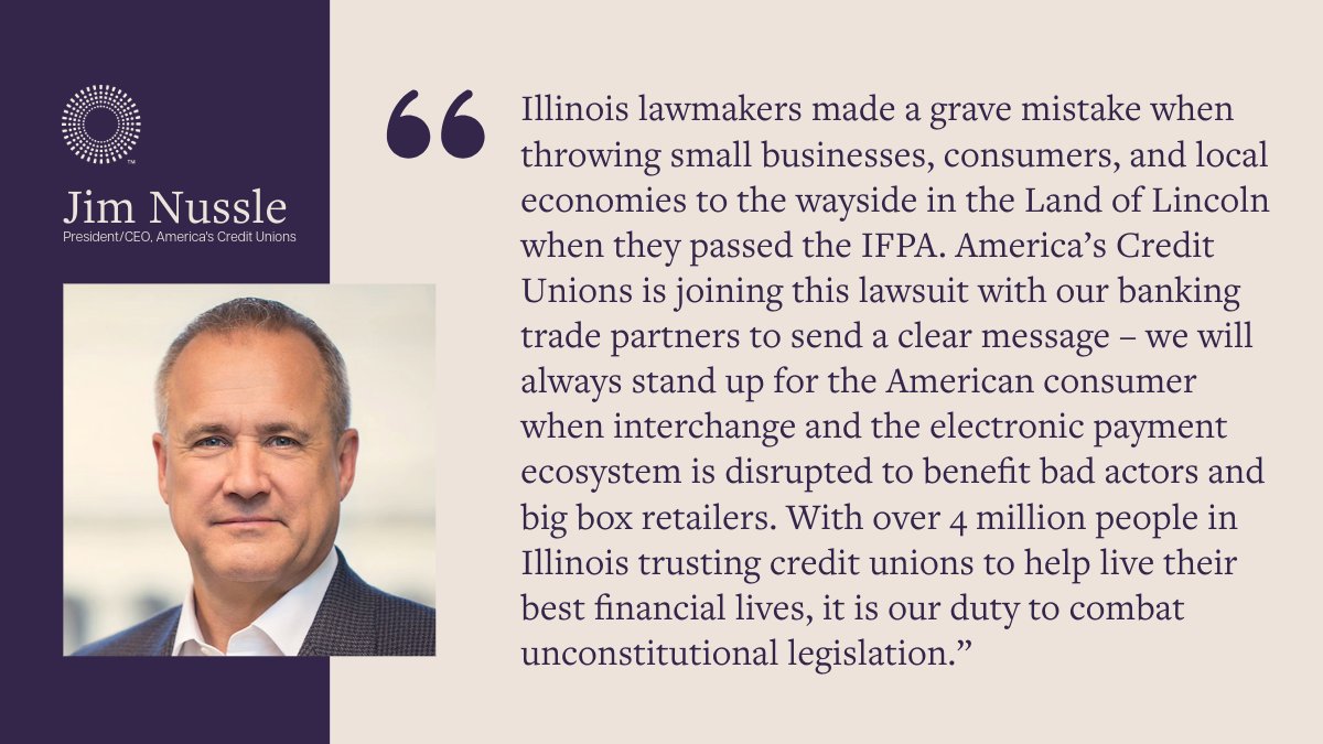 AmericasCUs's tweet photo. BREAKING: We joined @ILCULeague, @ABABankers & @ilbanker to file a complaint to challenge the Illinois Interchange Fee Prohibition Act. #BigBoxRetailers are ignoring small businesses and consumers just to put more money in their pockets. For the latest: https://t.co/9EnxD5WoAu https://t.co/AxGuuWjNN6