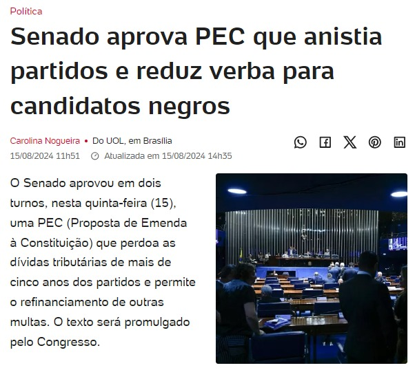 O projeto hegemônico nazifascista no Brasil está indo de vento em popa: "What a beautiful". Parabéns aos/às senadores que em pleno século XXI conseguem fazer antidemocracia dentro de processos, supostamente, democráticos.  Como diria o saudoso Renato: Que país é este?