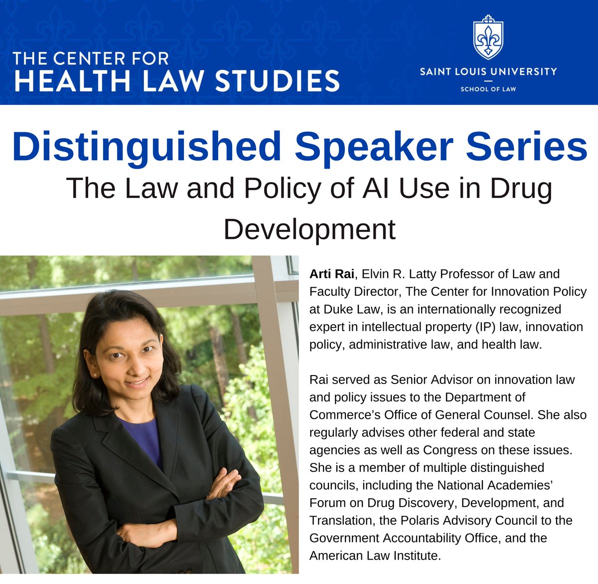 SLU_HealthLaw's tweet photo. Join us in person or via Zoom on Thursday, Sept. 5 at 12 p.m. for our first Distinguished Speaker of the school year. Professor Arti Rai (@rai_arti) from Duke Law will be speaking on The Law and Policy of AI Use in Drug Development.

Register here: https://t.co/tTEbwEnlJt https://t.co/0gLn1BVeqx