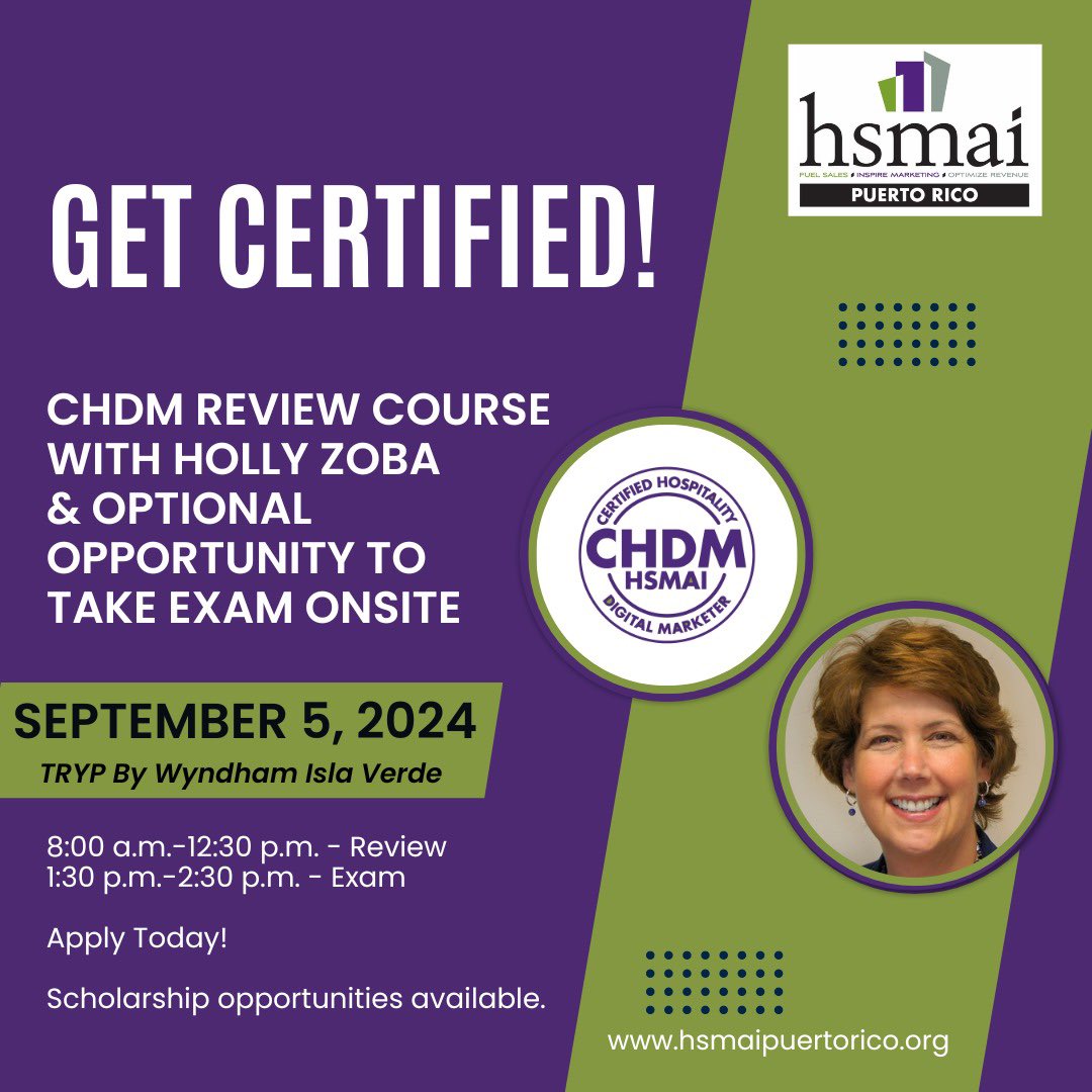 🚨NEW DATE🚨 The HSMAI CHDM Certification will now take place on Thursday, September 5, 2024. 

If you missed the previous application deadline, you can apply until Friday, August 23, 2024. 👉🏽Apply now: connect.hsmai.org/puertorico/sch… 👈🏽