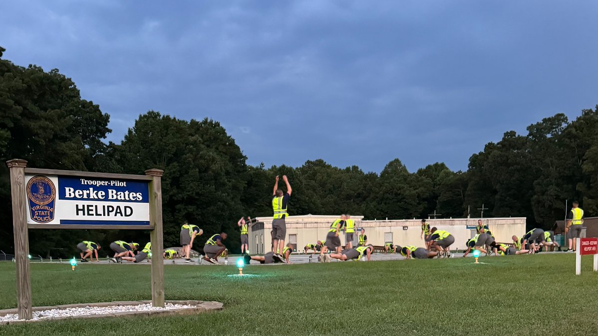 VSPPIO's tweet photo. This week, the Trooper-Trainees of the 142nd basic session paid tribute to #vastatepolice Trooper-Pilot Berke M.M. Bates and Lieutenant H. Jay Cullen III who lost their lives in the line of duty on August 12, 2017. The tribute involved a workout in their honor. #WeWillNeverForget https://t.co/i01P0YePeM