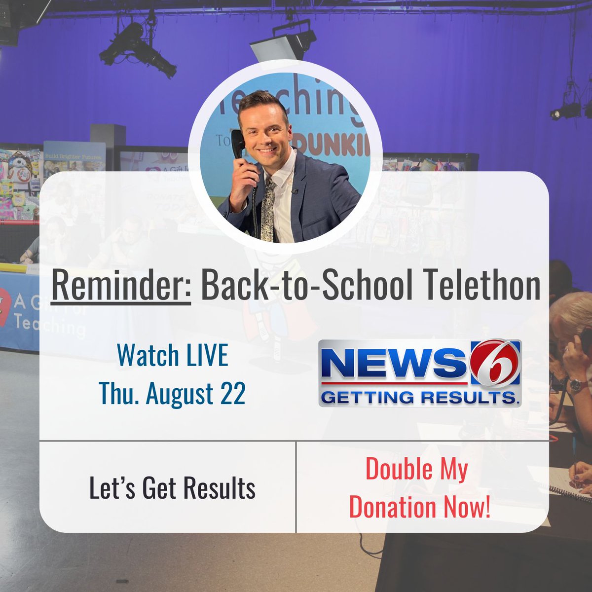 A Gift For Teaching (@agift4teaching) on Twitter photo 📞Save the Date! Our Back-to-School Telethon goes LIVE on <a href="/news6wkmg/">News 6 WKMG</a> next Thurs., Aug 22 from 12-7pm.
Make 2x the impact—start giving today to equip students & teachers for success. 💪
Double your donation: buff.ly/46OmwTy
<a href="/MattNews6/">Matt Austin</a> | <a href="/GingerGadsden/">Ginger Gadsden</a> | <a href="/LisaBellNews6/">Lisa Bell</a> 📞Save the Date! Our Back-to-School Telethon goes LIVE on <a href="/news6wkmg/">News 6 WKMG</a> next Thurs., Aug 22 from 12-7pm.
Make 2x the impact—start giving today to equip students & teachers for success. 💪
Double your donation: buff.ly/46OmwTy
<a href="/MattNews6/">Matt Austin</a> | <a href="/GingerGadsden/">Ginger Gadsden</a> | <a href="/LisaBellNews6/">Lisa Bell</a>