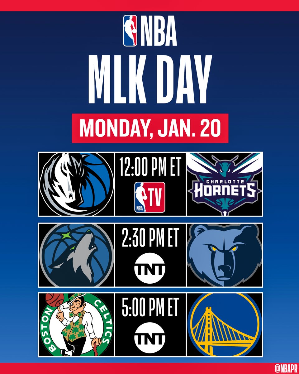 TNT will present a doubleheader and NBA TV will televise one game on Martin Luther King Jr. Day on Monday, Jan. 20.