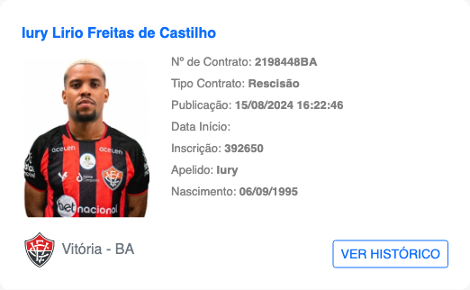bidDoVitoria's tweet photo. ✍️ Jogador publicado no BID: Iury
  
📅 Publicado em: 15/08/2024 16:22:46

📝 Tipo de contrato: Rescisão

#Iury #BID #ECVitoria https://t.co/3PfpZ6gI7G