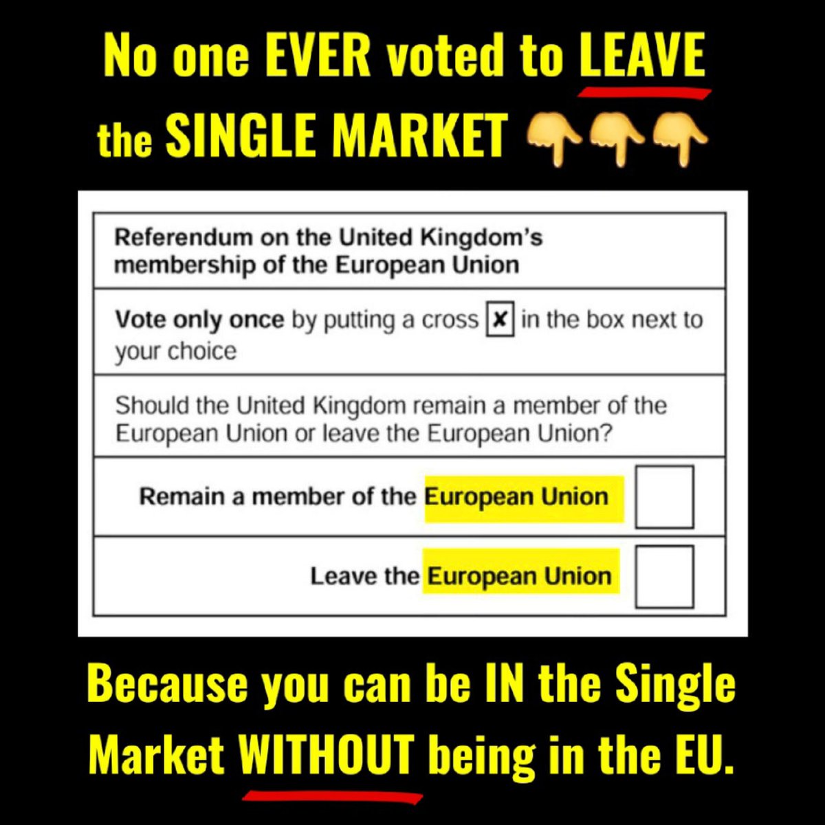 BrexitBin's tweet photo. @BladeoftheS Of course we should just rejoin the Single Market. After all, we never had a ref to leave it.
#SingleMarketNow https://t.co/U7gQLKB4Ja