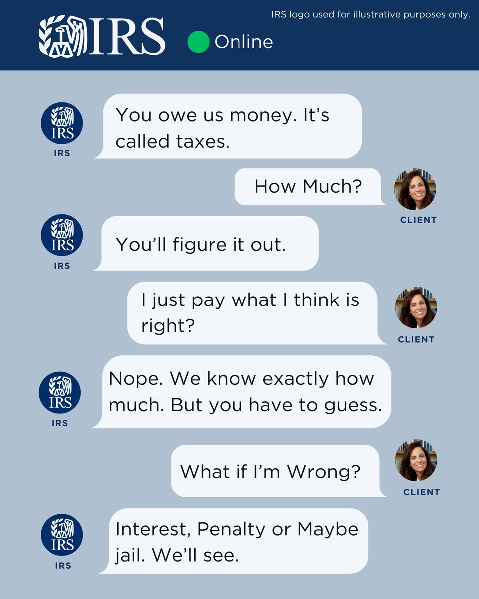 Profitsview009's tweet photo. Tax season humor: Trying to negotiate with the IRS is like playing a guessing game with serious consequences. Pay your taxes accurately to avoid unexpected fees or jail time! πΈβοΈ
(IRS logo used for illustrative purposes only)
#business #taxseason #finance #profitsview #irs https://t.co/25a7gqXfao