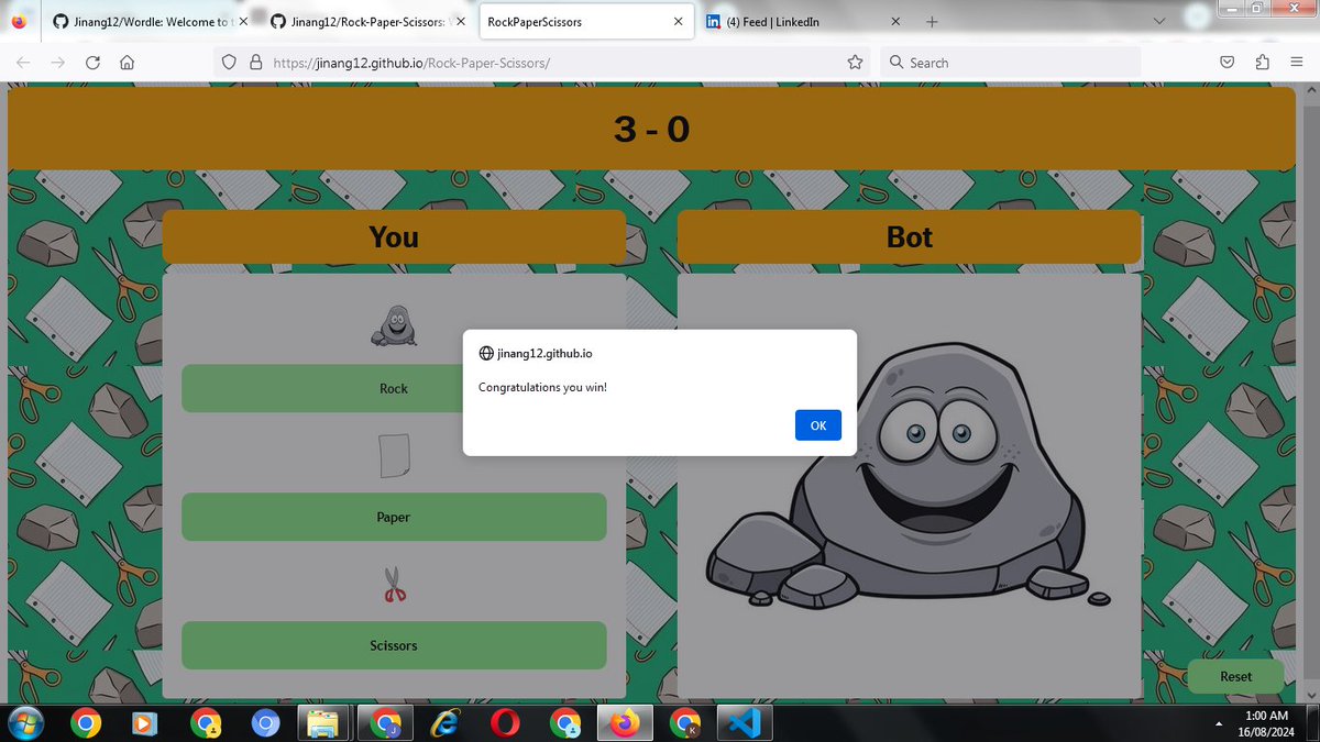 Jinang26's tweet photo. 🚀 Check Out My Rock-Paper-Scissors Game! 🎮
I've created a dynamic web-based Rock-Paper-Scissors game showcasing my JavaScript skills. Explore the live game and code:
🔗 https://t.co/7poXLPSYnh | 🔗 https://t.co/QaHBNOf4Cg
Your feedback is welcome! https://t.co/o382wGpXS3