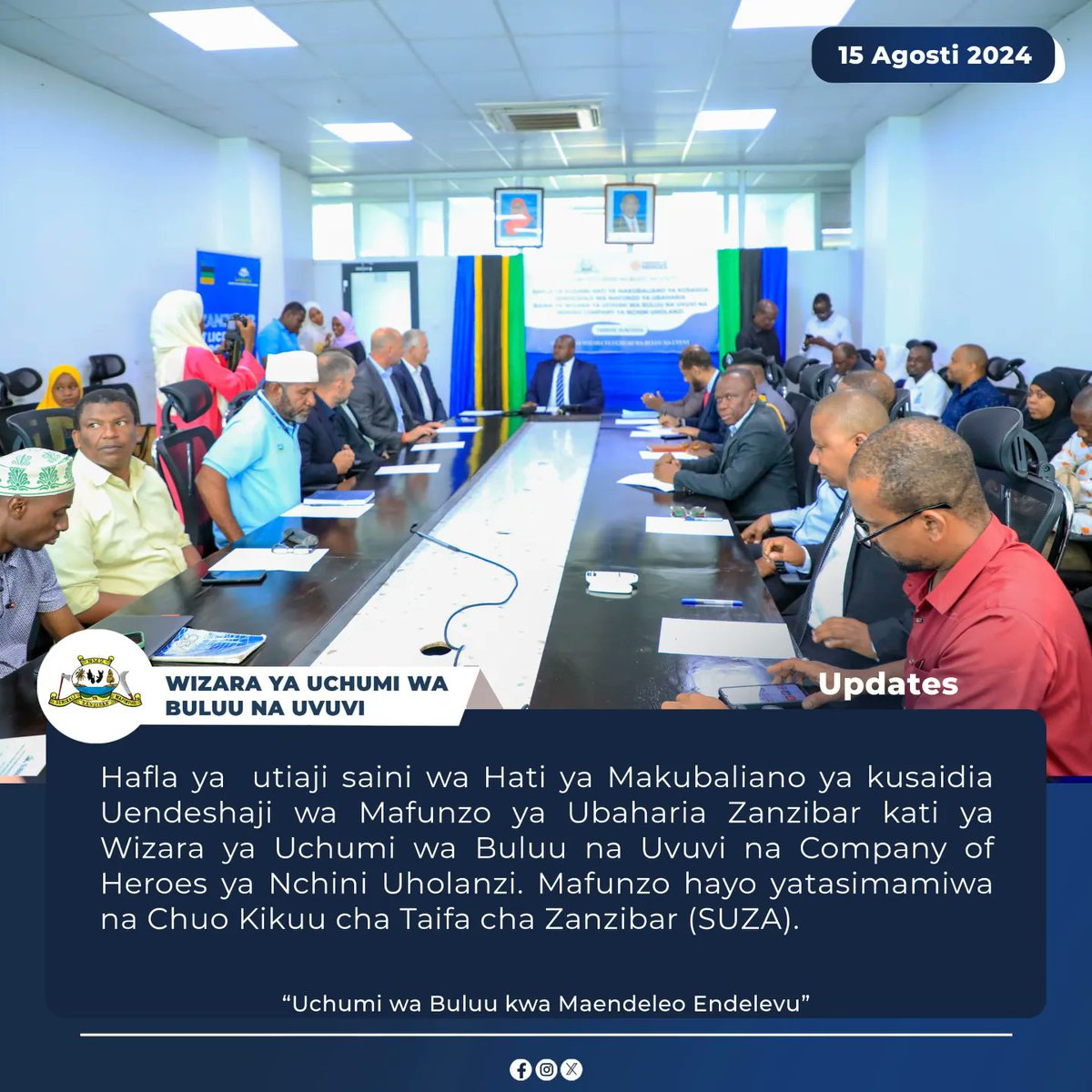 Leo tarehe 15 Agosti 2024, Waziri wa Uchumi wa Buluu na Uvuvi Zanzibar Mhe. Shaaban Ali Othman akishuhudia utiaji saini wa hati ya makubaliano ya kusaidia Uendeshaji wa mafunzo ya ubaharia Zanzibar kati ya Wizara ya Uchumi wa Buluu na Uvuvi na Company of Heroes ya Nchini Uholanzi