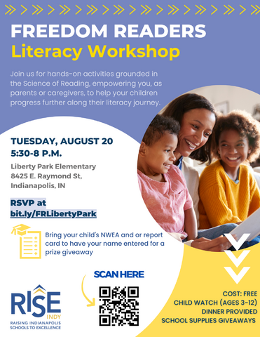 Don't forget to register for the Freedom Readers Workshop using the QR Code or web address on the flyer! 
Tuesday, August 20th from 5:30-8:00pm at Liberty Park.
Dinner is included, so it is important to register in advance.