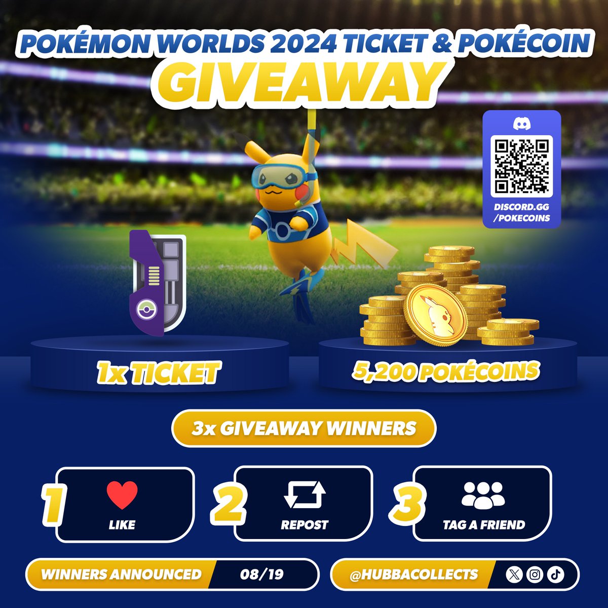 FINAL POKEMON WORLD CHAMPIONSHIP GIVEAWAY 🏆🎉

3 LUCKY WINNERS WILL RECEIVE A FREE EVENT TICKET + 5200 POKE COINS 🎊

TO ENTER:
✅Like this tweet ❤️
✅Retweet ♻️
✅Tag a Friend 🥰

Ends 8/19 ⚠️
Follow <a href="/hubbahuey/">hubba</a> for an extra entry!
Good luck! 🍀
#PokemonGo #Giveaway #ポケモンGO