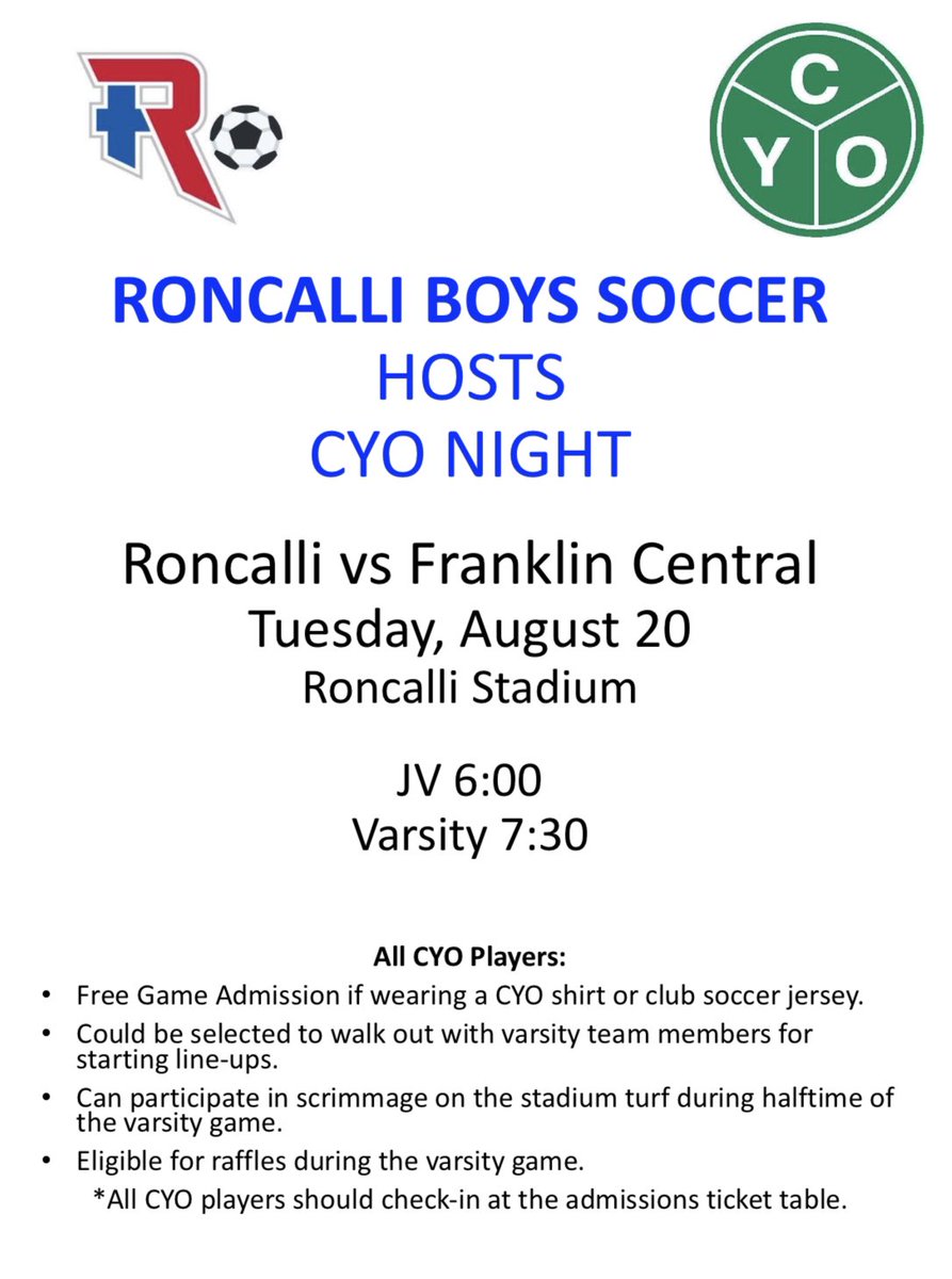 RoncalliSoccer's tweet photo. Be ready. We will be having our CYO night next Tuesday!

#roncalliboyssoccer https://t.co/N8HPqCKYVL