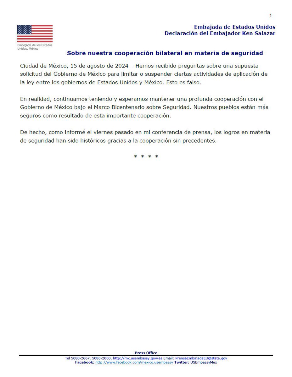 El embajador de Estados Unidos en México, Ken Salazar, reiteró que existe una cooperación bilateral en materia de seguridad.