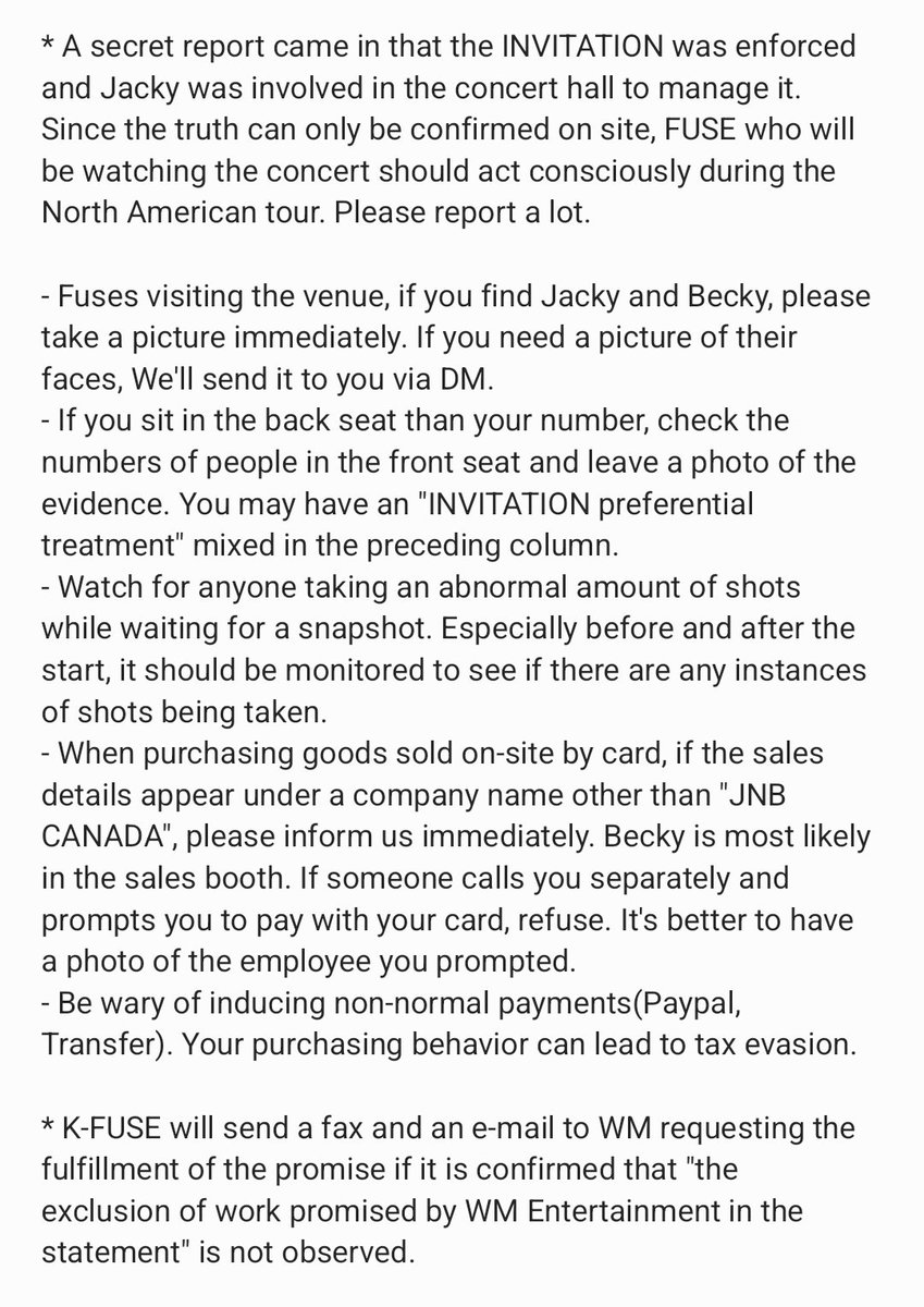 onf_mgallery's tweet image. 📢 북미투어 중 JNB의 업무배제 위반 행위 발견 시 행동 지침

📢 Guidelines for action when discovering JNB's violation during the North American tour

다음 내용을 확인하고 행동해주시면 감사하겠습니다. 많은 제보 부탁드립니다.

Check the following and act on it. Please report a lot.