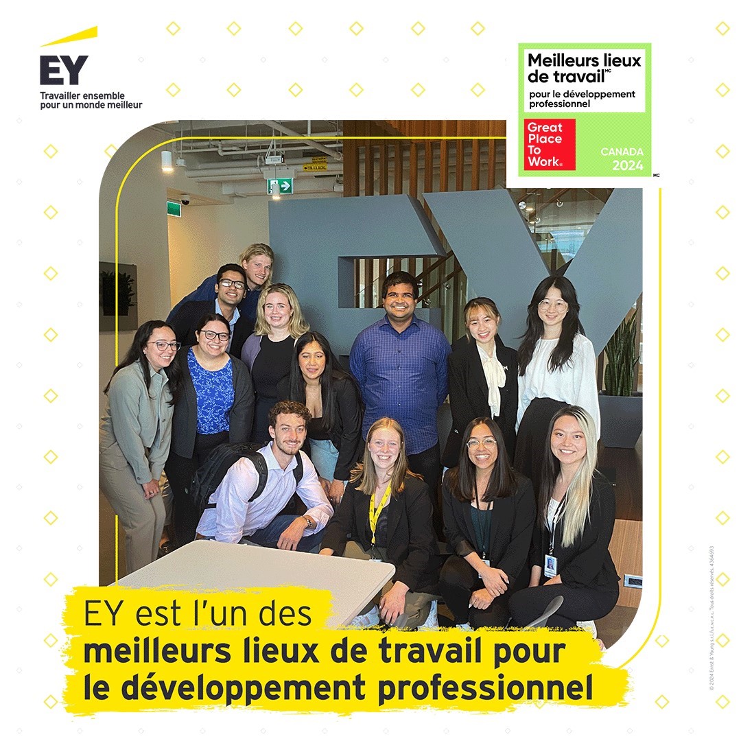 Fiers de figurer au palmarès des meilleurs lieux de travail pour le perfectionnement professionnel et de notre engagement à l’égard de la croissance professionnelle. Cliquez ici pour postuler : go.ey.com/4dJgbef

#EYCareers #BetterWorkingWorld #YouBelong