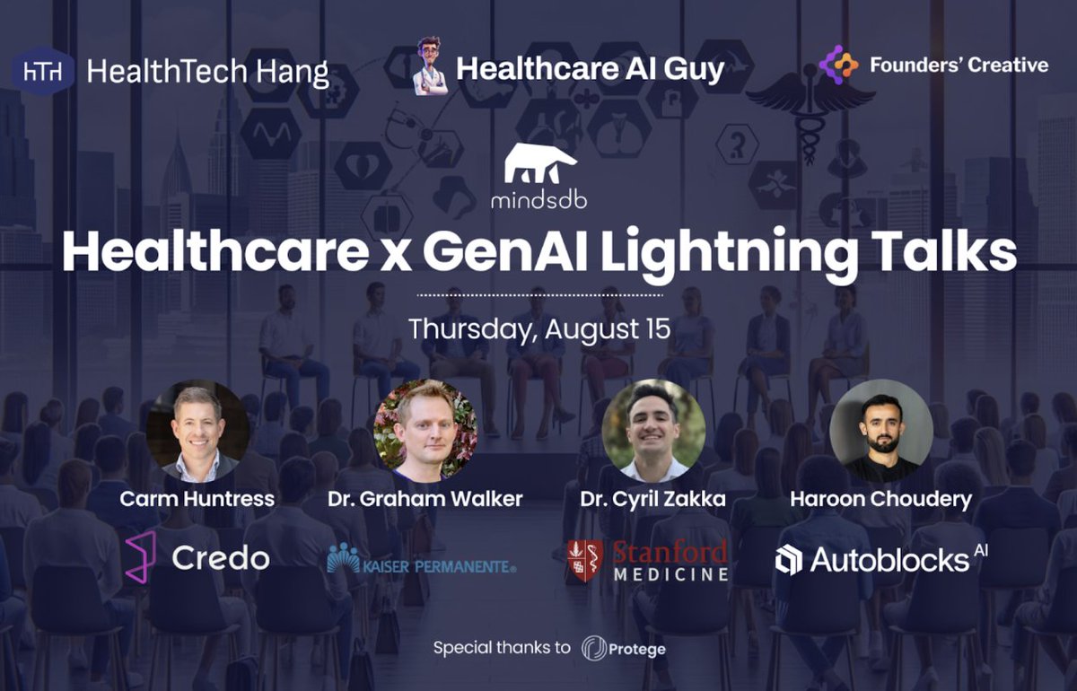 HealthcareAIGuy's tweet photo. Our AI in healthcare event kicks off today!
Here's our incredible lineup:
• @grahamwalker – AI @PermanenteDocs
• @carmhuntress – CEO of @credo_health
• @cyrilzakka – Health AI @huggingface
• @haroonc – CEO of @AutoblocksAI
We're officially sold out! See you soon 😎 https://t.co/dJk0i0Geoi