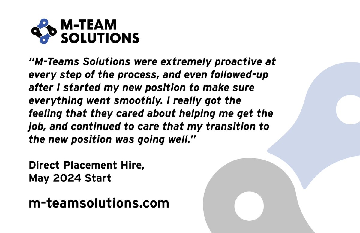 mteamsolutions's tweet image. &quot;M-Teams Solutions was proactive at every step and even followed up after I started my new position. I felt they truly cared!&quot;

- Direct Placement Hire, May 2024 Start

Learn more about how we make a difference: buff.ly/3rKXswc

#Testimonial #Recruitment #MTeamSolutions