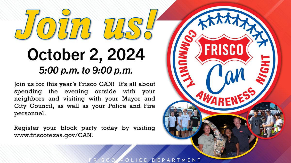 Registration for the 2024 Frisco Community Awareness Night is now open! This year's citywide block party is on Oct. 2 from 5p to 9p and is a great opportunity for neighbors to get together. #FriscoCAN2024

For more info and to register a block party, visit friscotexas.gov/291/Frisco-CAN