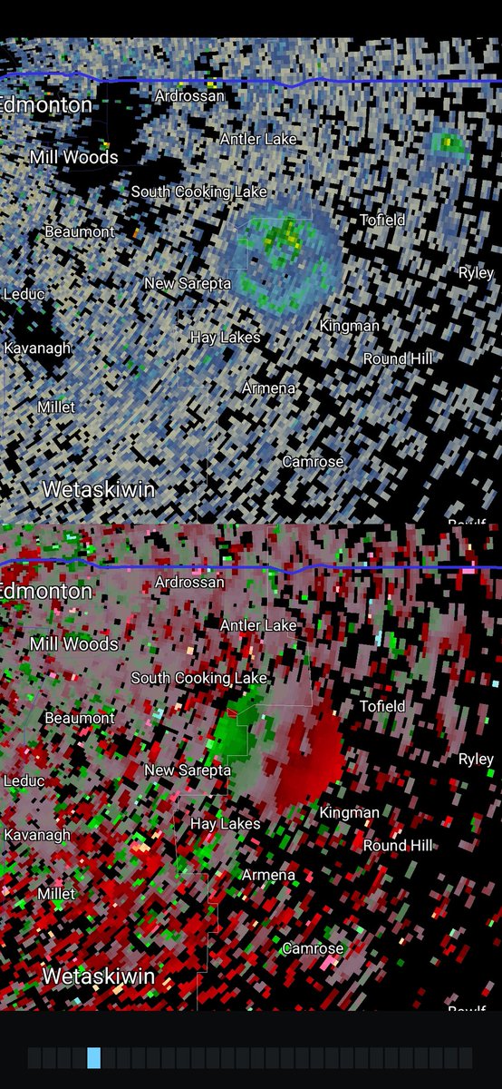 StormStructure's tweet image. This RADAR animation has a few roost rings emanating from the same region southeast of Edmonton. On the Doppler, it shows a divergent signature, signifying that the birds are, indeed, going outward from a point. This is similar to a downburst signature! #abwx