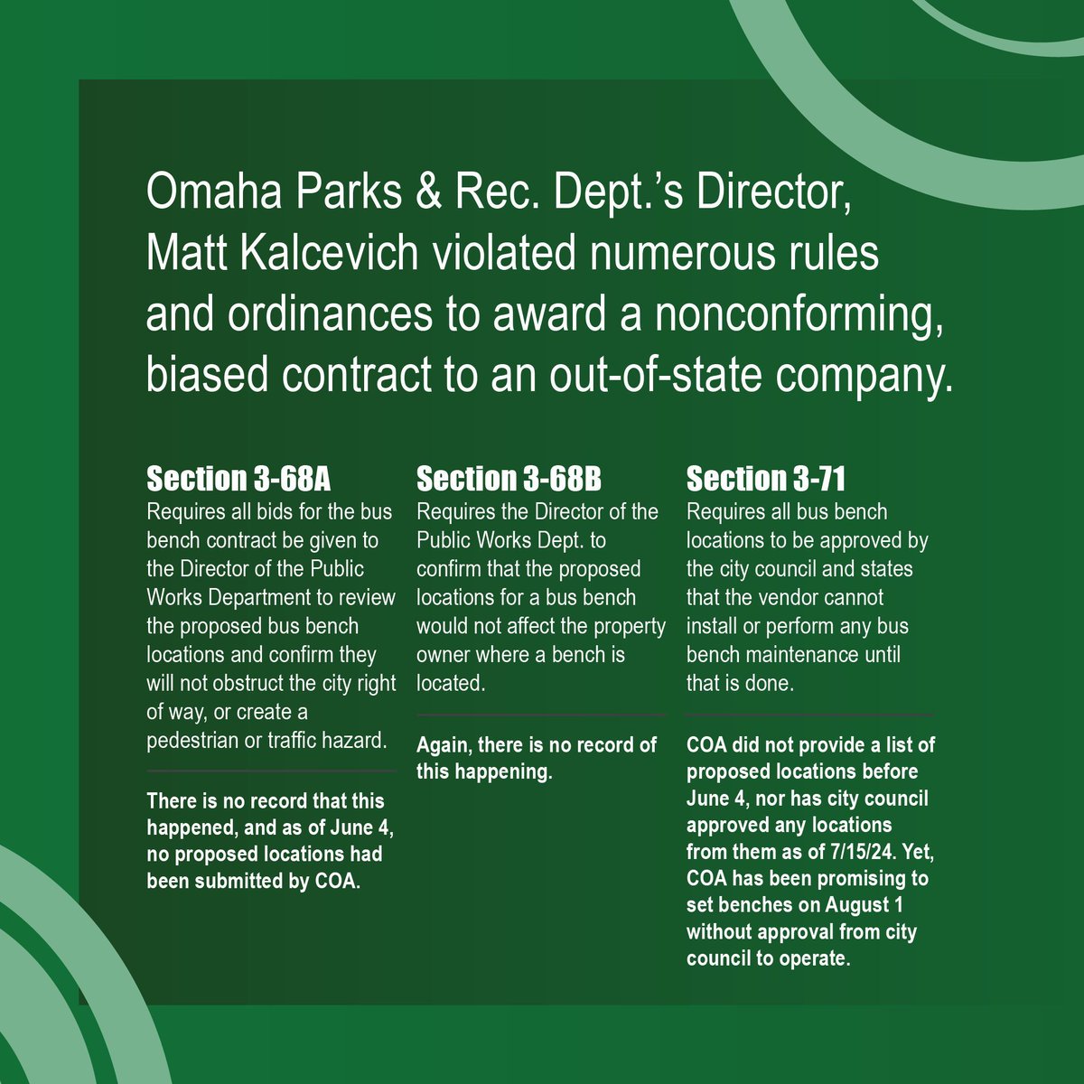 BestBuySignsOma's tweet photo. [3 of 3] By delaying the proposal process 16+ and choosing the rules to follow, Omaha Parks hand-picked an out-of-state and out-of-country company to take over Omaha's bus bench advertising. 🚏🚌https://t.co/reci6m6iR2 #OmahaBusBench #OOH #LocalBenchesFirst https://t.co/VGRElzFWaO