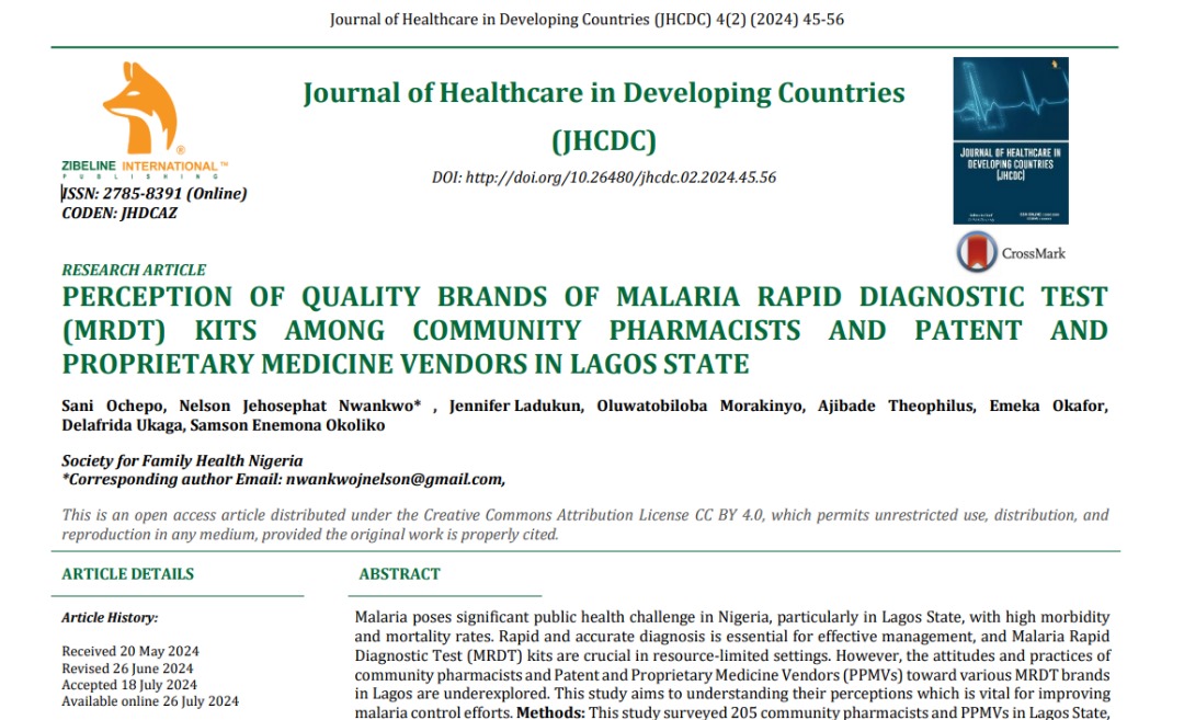 We are excited to share our paper ‘Perception of Quality Brands of Malaria Rapid Diagnostic Test (MRDT) Kits Among Community Pharmacists and Patent and Proprietary Medicine Vendors in Lagos State’ which has been published in the JHCDC. Read more here: jhcdc.com.my/archives/2jhcd…