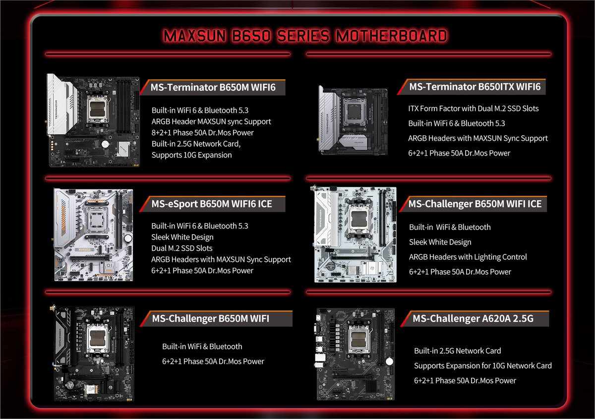 MaxsunOfficial's tweet photo. Introducing the B650 series motherboards by MAXSUN, tailored to harness the full potential of the upcoming Ryzen 9000 CPUs. 🔥💻✨ Stay tuned for updates! 📢🚀

#Maxsun #B650Series #AMD #Ryzen9000 #MAXTech https://t.co/YheOTkUv2W
