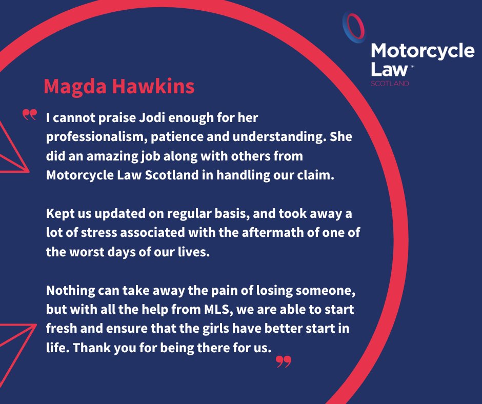 law_scotland's tweet photo. Nothing can take away the pain of losing someone following a #motorcycling RTC but it's our job is to provide support and advice when most needed to ensure the surviving family members do not suffer financial hardship. Thankfully, we were able to do this for Magda and the girls. https://t.co/5eyFBB7WgU