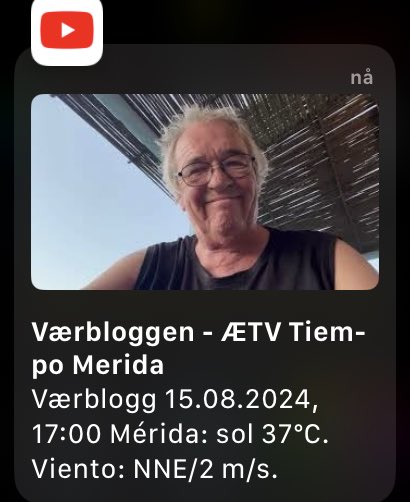 Værblogg 15.08.2024, 17:00 Mérida: sol 37°C. Viento: NNE/2 m/s. youtu.be/N6K63bAmZlA?si…