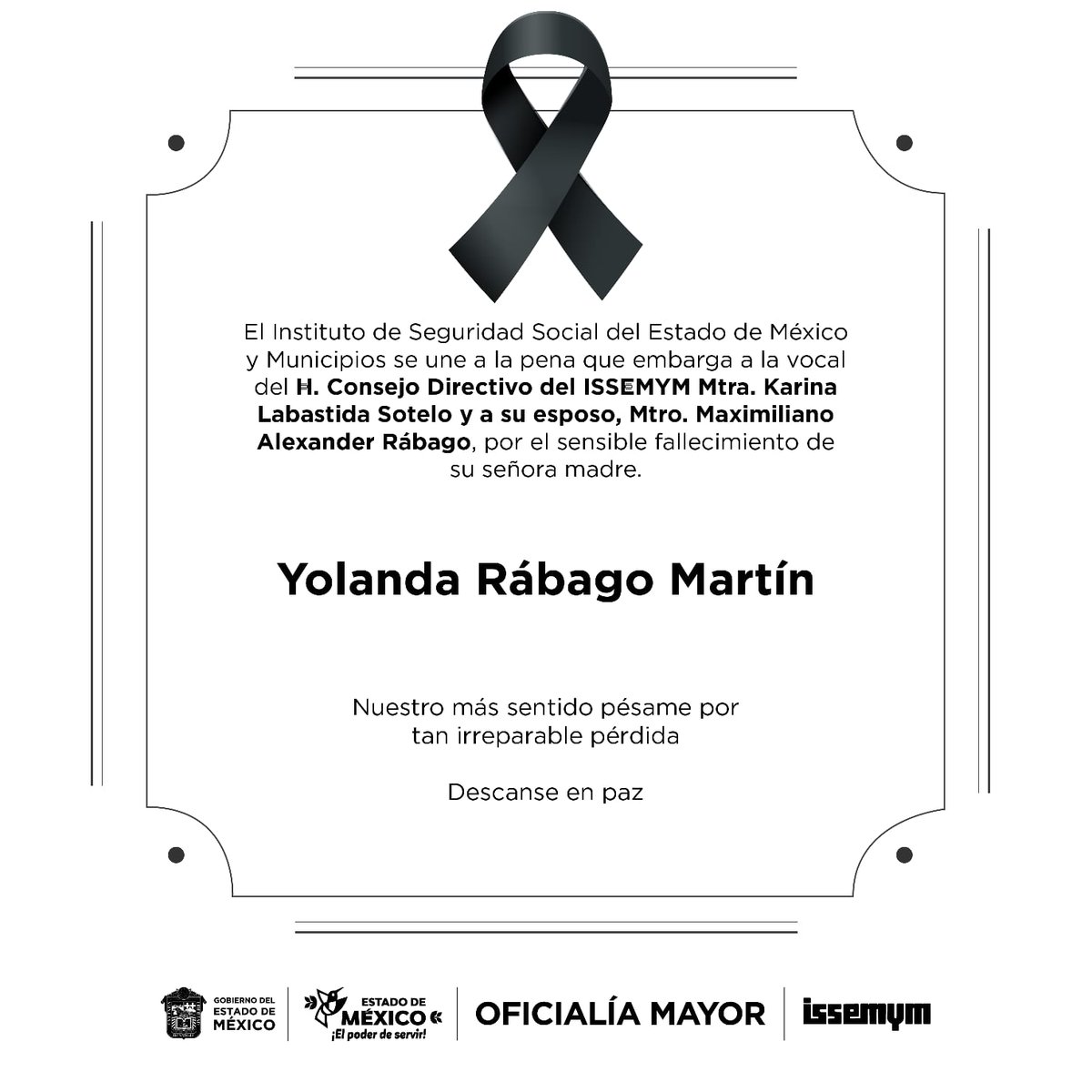 Issemym's tweet photo. En #Issemym enviamos nuestras más sinceras condolencias a la familia Alexander Labastida 🕊 @karinalabastida @DIFEM_ https://t.co/StnOcrzWkt