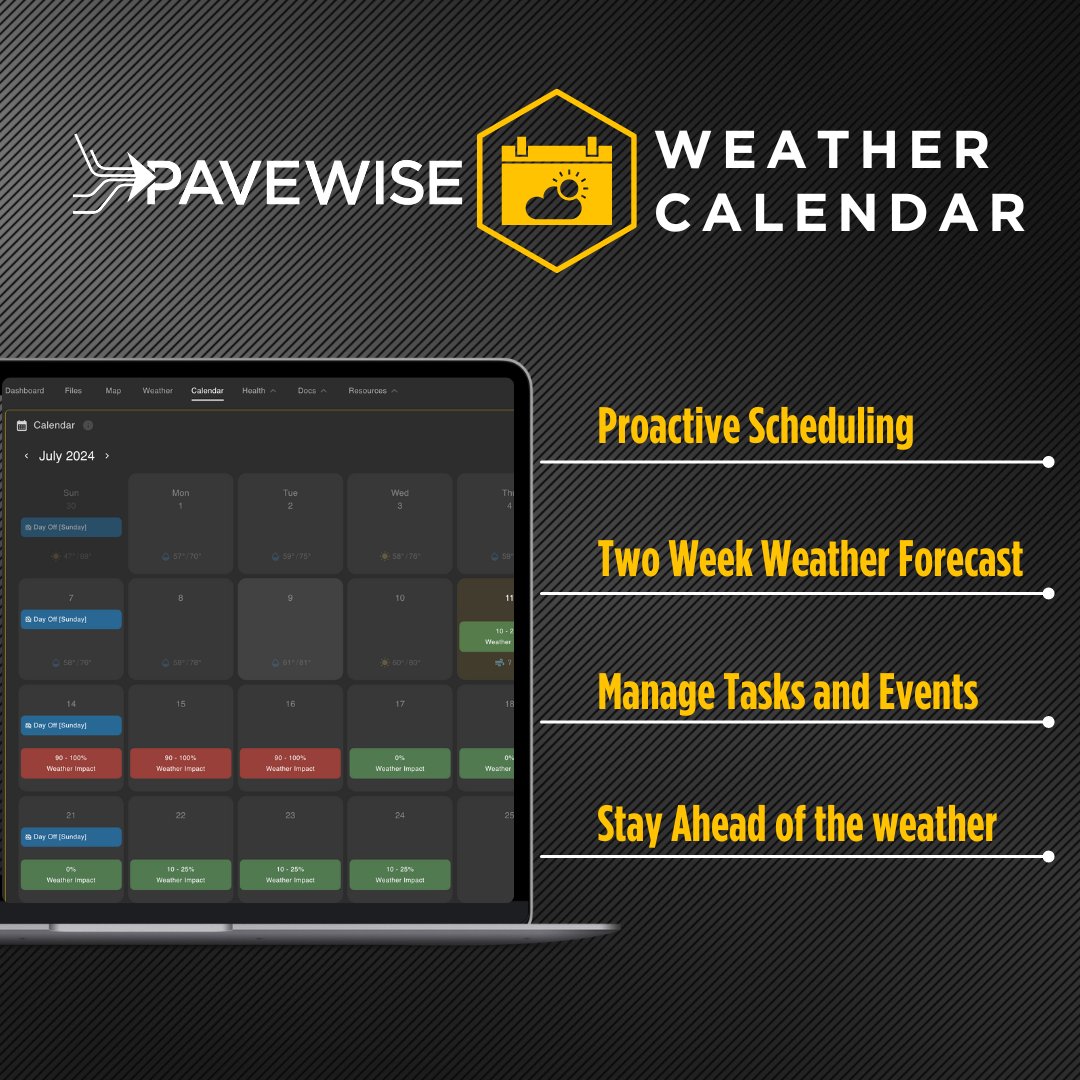 pavewisepro's tweet image. Plan smarter and stay ahead! 📅🌤️ 

Our dashboard shows weather impacts on your project timelines up to two weeks in advance while allowing you to manage all your tasks and deadlines in one place. 

Ready to take control of your schedule?

#Pavewise #EfficientScheduling
