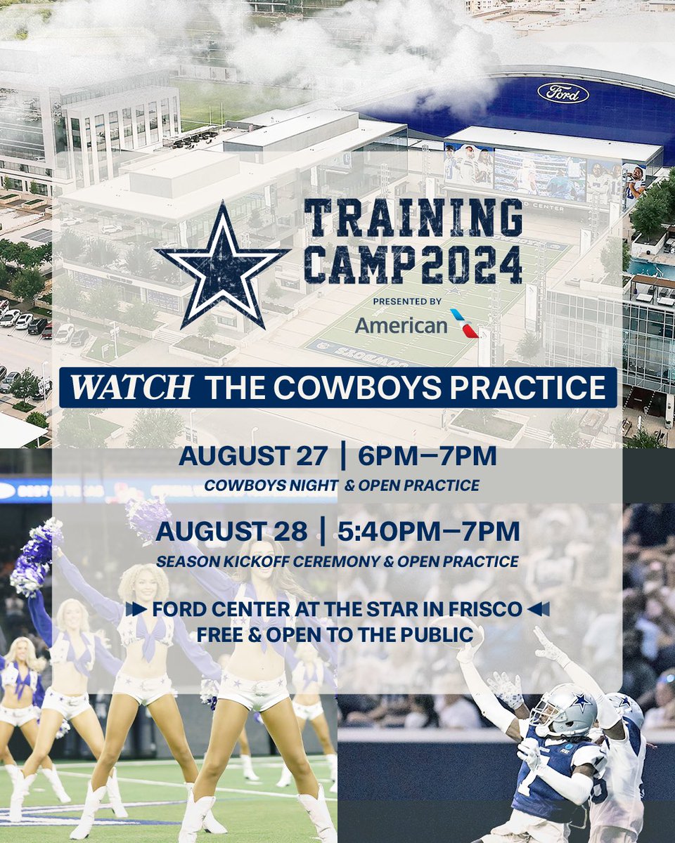 thestarinfrisco's tweet photo. Training Camp is coming to #TheStarInFrisco! Watch the @DallasCowboys practice and get ready for the upcoming season with fellow fans! ⭐

📅 August 27 &amp; 28
📍 The Star in Frisco
🎟️ FREE and open to the public!
#CowboysCamp | @AmericanAir https://t.co/j7kIK2MimG