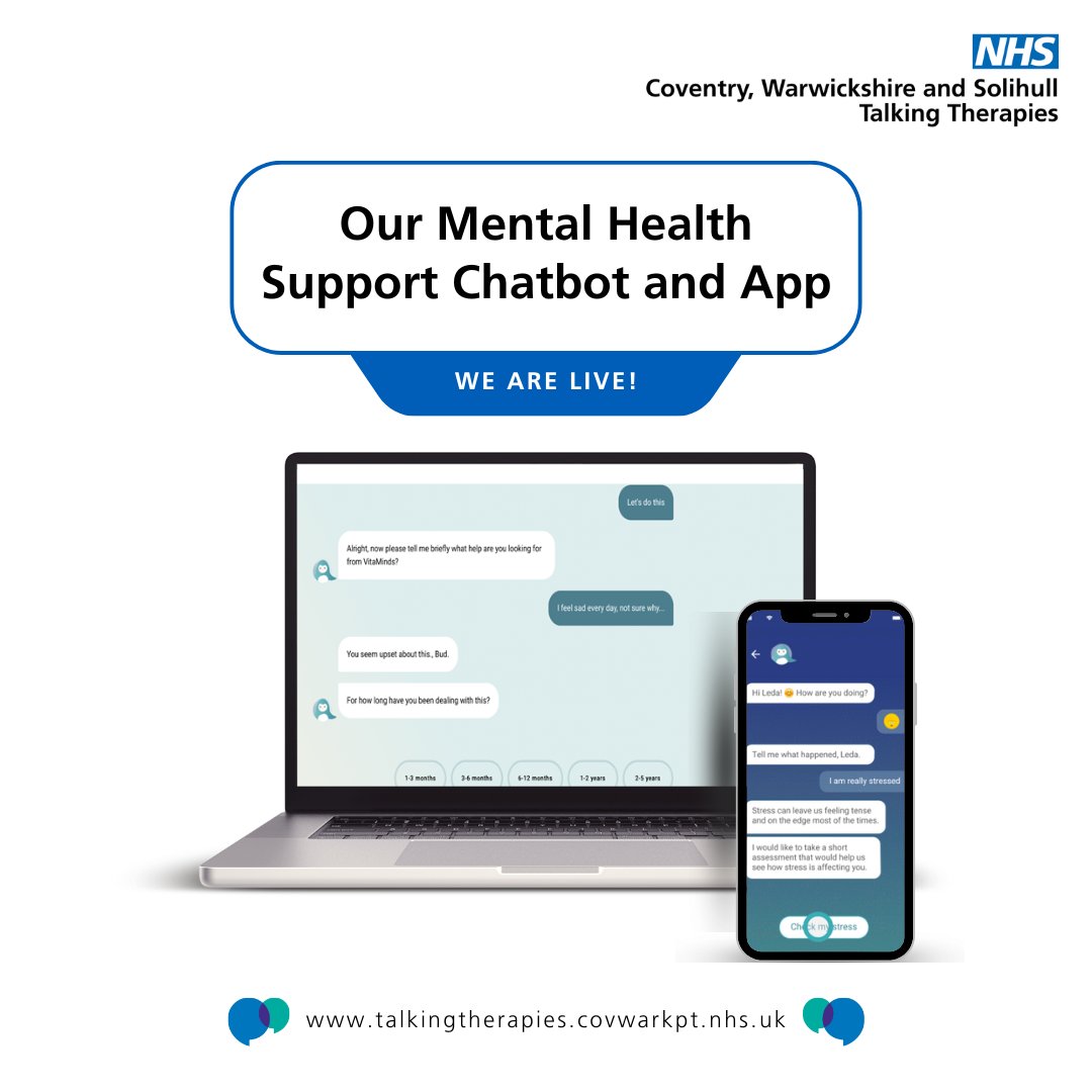CWPTTalkTherapy's tweet photo. Use our NEW chatbot on our website to refer into our service. You will complete a series of questions to find out if Talking Therapies is right for you. 
You will then have access to the  ‘Everyday Mental Health’ app, with 24/7 support and resources tailored to your needs. 🥰 https://t.co/3hEmdouKbL