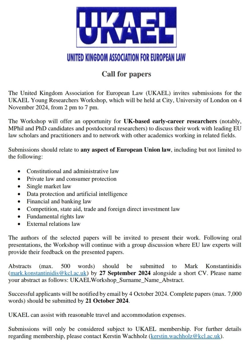 Μark Κonstantinidis (@mark_kon) on Twitter photo 🚨 Call for abstracts for the UKAEL Early-Career Researchers Workshop on #EUlaw 🚨
Great opportunity for UK-based #PhD/#postdoc researchers to discuss their work with leading academics and practitioners.
<a href="/ukaelblog/">UKAEL- United Kingdom Association for European Law</a> <a href="/CityLawSchool/">The City Law School</a> 🚨 Call for abstracts for the UKAEL Early-Career Researchers Workshop on #EUlaw 🚨
Great opportunity for UK-based #PhD/#postdoc researchers to discuss their work with leading academics and practitioners.
<a href="/ukaelblog/">UKAEL- United Kingdom Association for European Law</a> <a href="/CityLawSchool/">The City Law School</a>