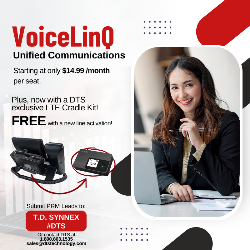 DTSTechnology_'s tweet photo. Help your clients upgrade with #VoiceLinQ Unified Communications! Starting at just $14.99/month per seat with features like bi-directional call recording, call tracing and more. Now with our #DTS exclusive #LTE cradle, powered by the #Atel V810A. https://t.co/rmkmkqWaxY
