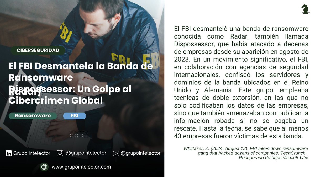GIntelector's tweet image. El FBI anota una victoria en la lucha contra el ransomware al desmantelar la banda Radar/Dispossessor. La ciberseguridad sigue siendo una prioridad global. 
Lee la nota completa: lc.cx/5-bJix
#CyberSecurity #Ransomware #FB #Intelector