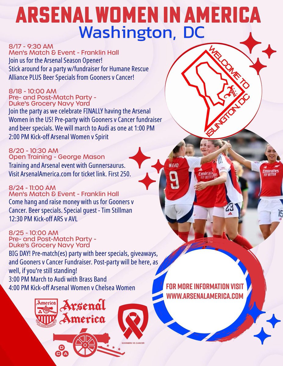 #DCGooners, #IslingtonDC is upon us, with the visit of <a href="/ArsenalWFC/">Arsenal Women</a>! Join us, in association with <a href="/arsenalamerica/">Arsenal America</a>, <a href="/ARLGooners/">Arlington Gooners🎗</a>, <a href="/FranklinHallDC/">Franklin Hall🍺🥨🍗</a>, <a href="/DukesGrocery/">Duke's Grocery</a> and <a href="/GoonersVCancer/">Gooners V Cancer</a> for a series of events celebrating our distinguished guests! More to come, so stay tuned! #VCC