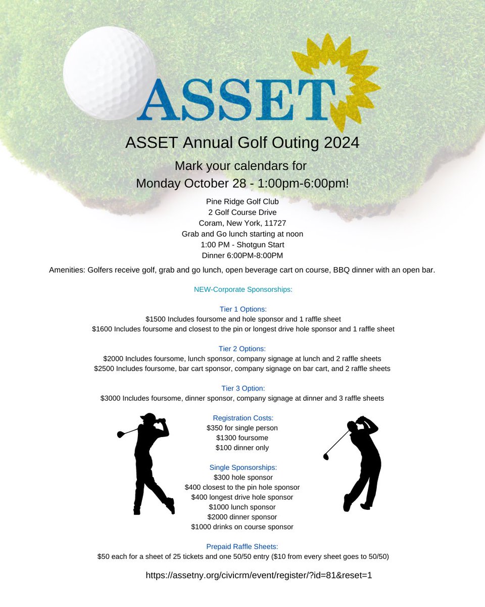 ASSET Annual Golf Outing 2024-New Date!
Monday, October 28 - 1:00PM-6:00PM
Grab and Go lunch starting at noon
Dinner 6:00PM-8:00PM 
See Details and sponsorships below!
Register at this link (also in bio):
assetny.org/2024-golf-outi…
