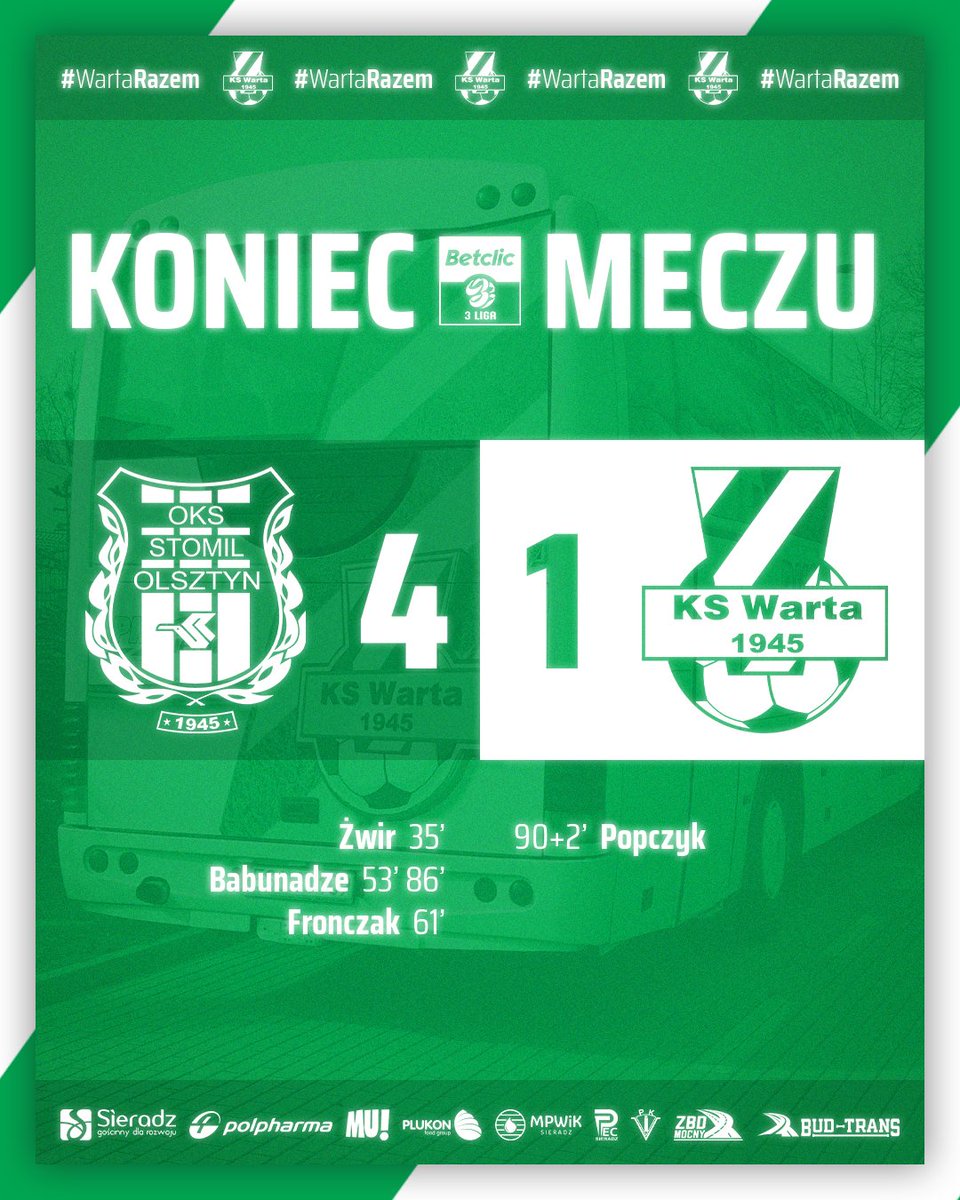 ❎ Mecz ze Stomilem Olsztyn kończy się wynikiem 4:1 dla gospodarzy.

⚽ W 92. minucie honorowe trafienie dla Warty zanotował Mateusz Popczyk po asyście Abdula Oyedele.

🤝 Dziękujemy za Wasze wsparcie. #WartaRazem 🟩⬜🟩