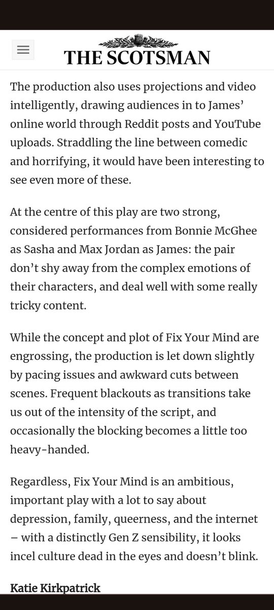some quotes from beautiful Scotsman review from <a href="/katiejohannak/">katie k.</a> 🥰stars are not everything!

"deft and perceptive"
"sparkling"
"refreshingly original"
"straddling the line between comedic and horrifying"

we all know that PWB started off with 3⭐ from guardian SO WATCH THIS SPACE!