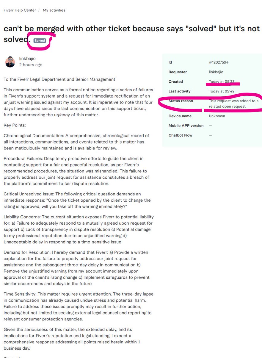 LinkBajio's tweet photo. @fiverr @FiverrSupport @FiverrAffiliate You can see every single ticket that I made got status "solved". Nobody hear me apparently. https://t.co/GRHQY64115