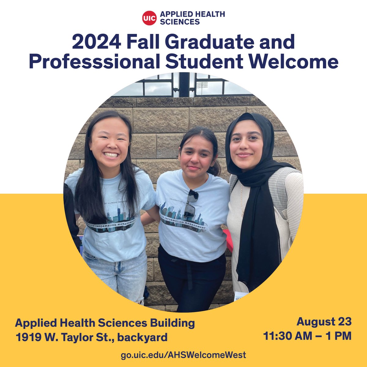 UICAHS's tweet photo. New graduate and professional #UICAHS students are invited to join faculty and staff in an annual welcome lunch! Connect with fellow students and representatives of AHS-affiliated student orgs to learn how to get involved. #UICBound https://t.co/DQU29RXMQQ