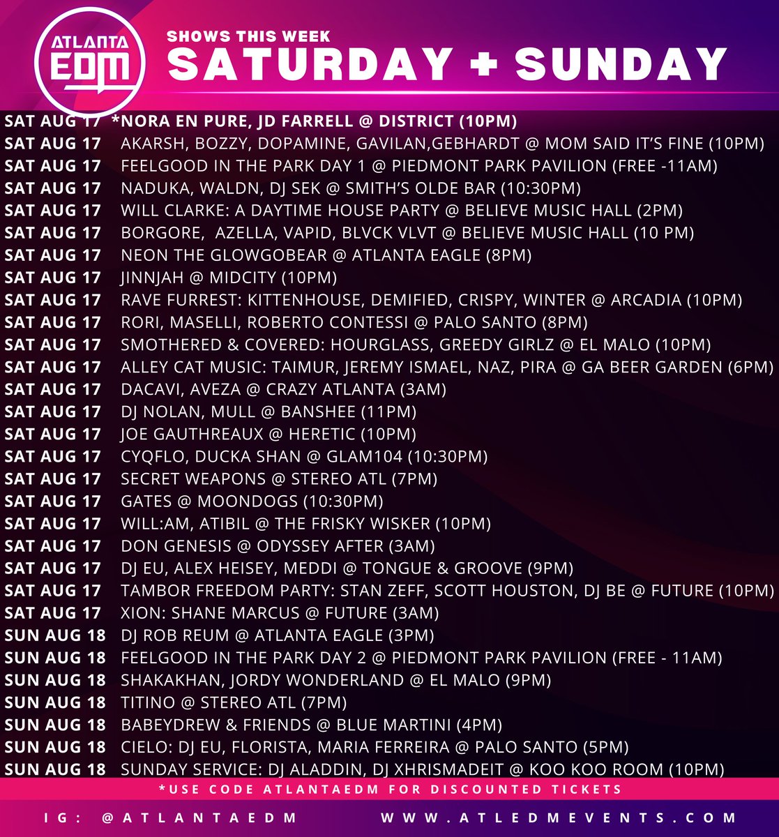 atledmofficial's tweet photo. Your ATL EDM shows this weekend
https://t.co/9JjojgJqYN https://t.co/QthopSJYpd