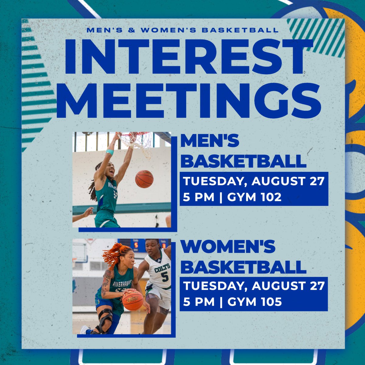 Mark your calendar for the 2024-25 Men's &amp; Women's Basketball interest meetings: Tuesday, August 27th at 5 p.m. Meet the coaching staff, returning players, and new Riverhawks! <a href="/riverhawkswbb/">AACCRiverhawkwbb</a>  <a href="/CoachJoeSnowden/">Retired CoachJoeSnowden</a>