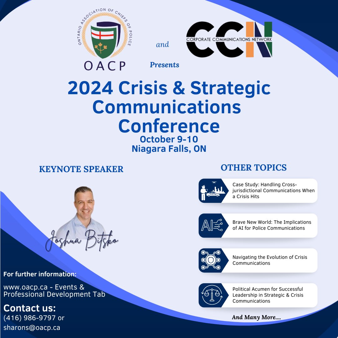 Hey #police communication personnel! Book your spot today at the #OACP’s Crisis &amp; Strategic Communications Conference taking place October 9-10 in <a href="/NiagaraFalls/">Niagara Falls Canada</a>! Learn from great Canadian &amp; American experts! oacp.ca